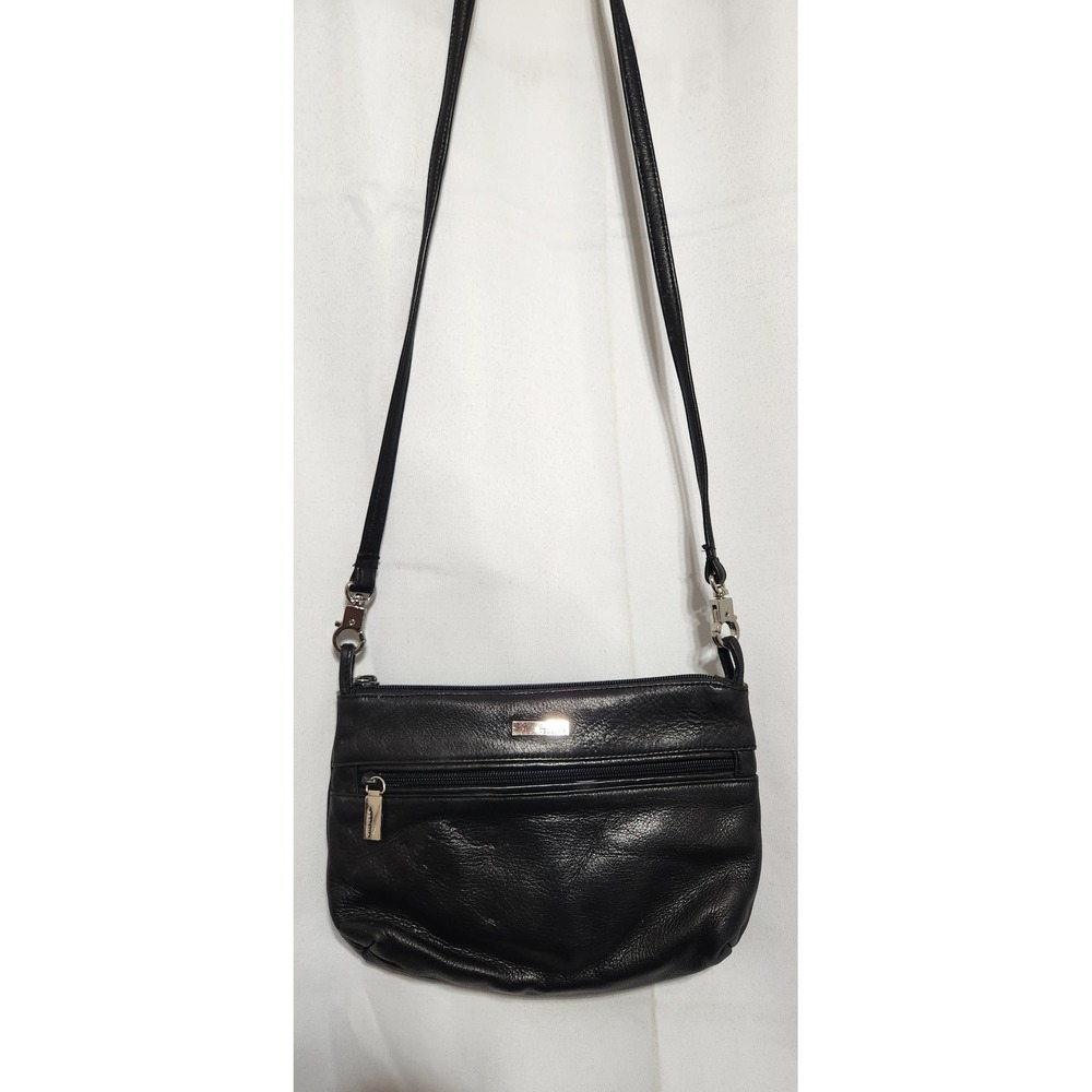 VTG Perlina Black Leather Crossbody Bag Small Zip Front Pocket Silver Hardware